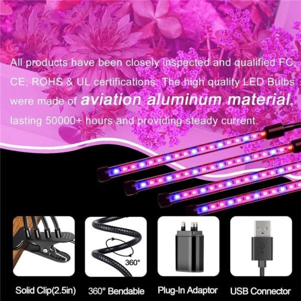 Grow Light LED Ανάπτυξης Φυτών Γλάστρας με 4 Κινούμενες Κεφαλές με Βάση Μανταλάκι - Image 4