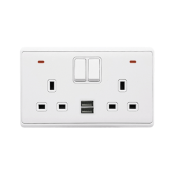 LONDON DOUBLE SOCKET 2P BUTTON SWITCH NEON+USB WH