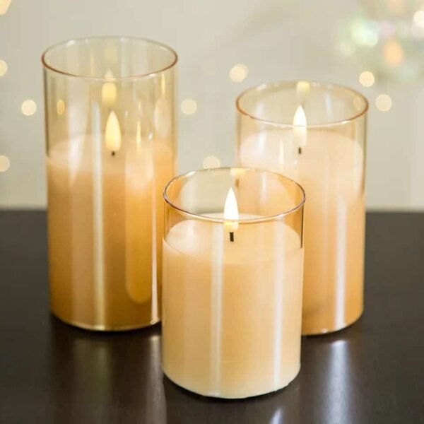 101155 Paraffin Wax Γυάλινο Σετ 3 κεράκια LED θερμό χρώμα Χρυσό με χειριστήριο - Image 4