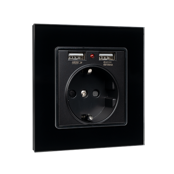 BL-21 Elmark Πρίζα Τύπου Schuko 16A Με 2xUSB & Γυάλινο Πλαίσιο Μαύρο (195018/BL) - Image 1