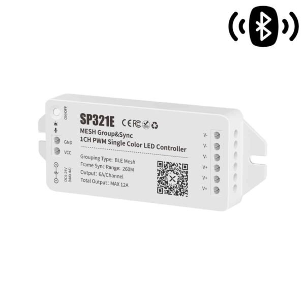 SP321E Controller Bluetooth Mesh Dimmer – App Control LED Μονόχρωμης Ταινίας 12A 5-24V (Max 288W) - Image 2