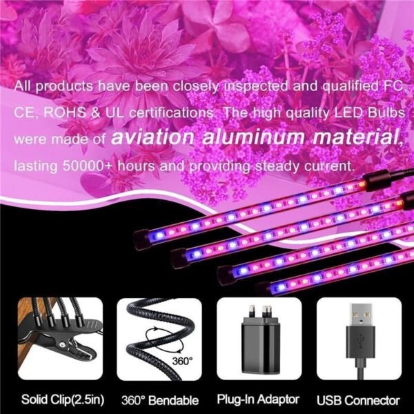 Grow Light LED Ανάπτυξης Φυτών Γλάστρας με 4 Κινούμενες Κεφαλές με Βάση Μανταλάκι - Image 3
